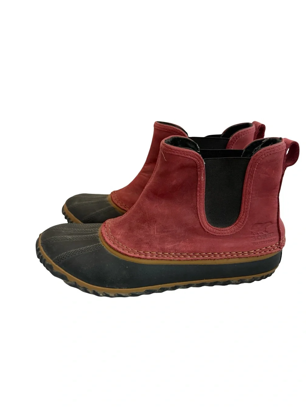 Sorel Out 'N About Chelsea Rain Boots Red Waterproof Rubber Ankle Booties Size 8